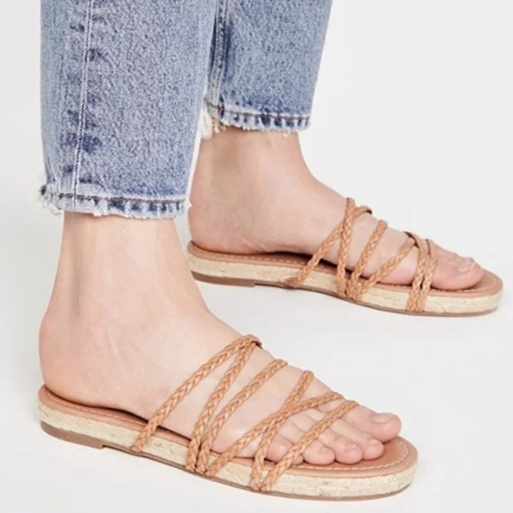 New Madewell Kathryn Tan Leather Braided Strappy Espadrille Sandals / Slides